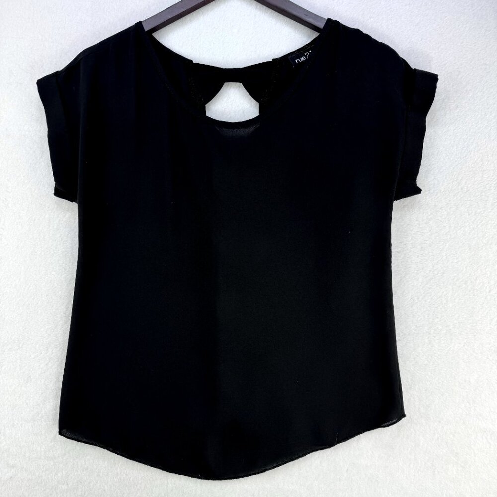 Rue 21 Blouse Women Sz Small Black Sheer Cap Sleeve Back Cutout with 6 Bows